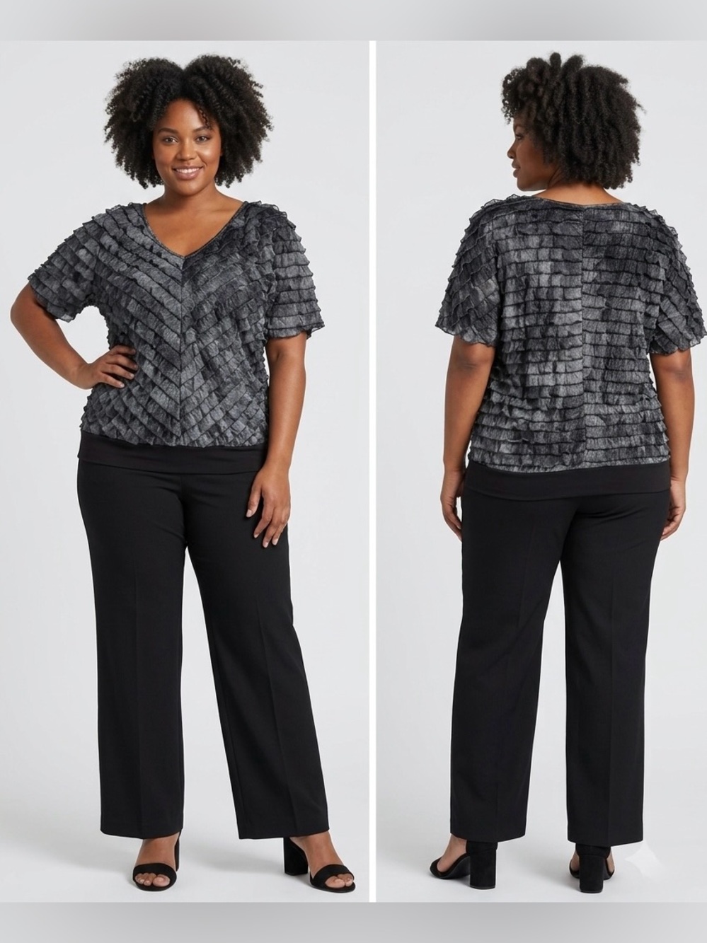 New Directions Black/Dark Charcoal Gray Ruffled Chevron Mesh Top Size Large